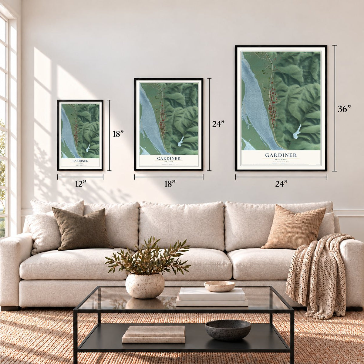 Gardiner, Oregon map in 12 x 18, 18 x 24 and 24 x 36 inch sizes above a sofa