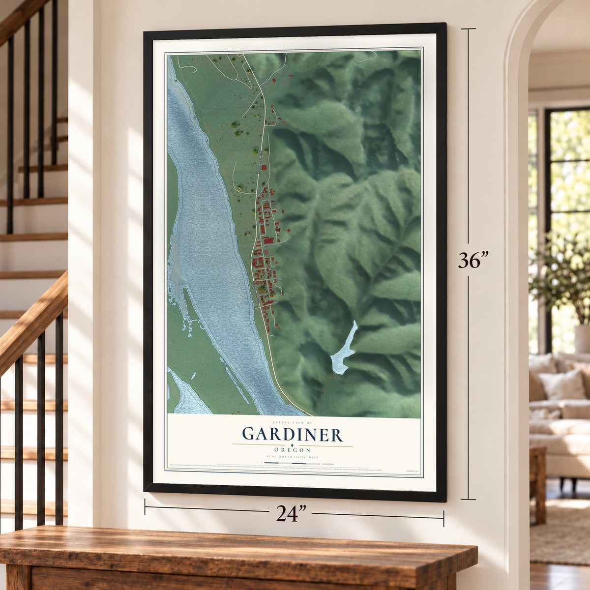 Gardiner, Oregon map, 24 x 36 inch print in a black frame by a staircase