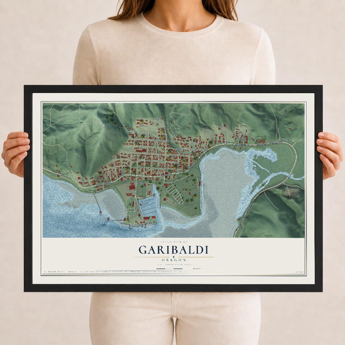 Map of Garibaldi, Oregon, 12 x 18 inch print in a black wood frame