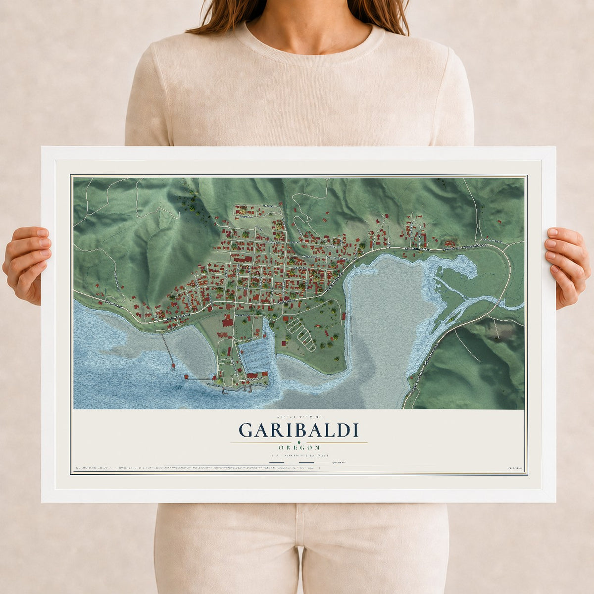 Map of Garibaldi, Oregon, 12 x 18 inch print in a white wood frame