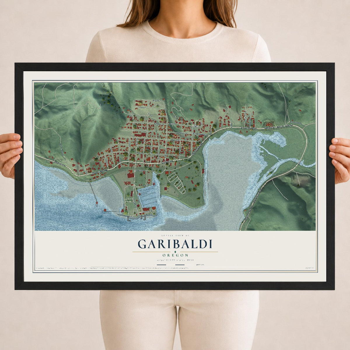 Map of Garibaldi, Oregon, 18 x 24 inch print in a black wood frame
