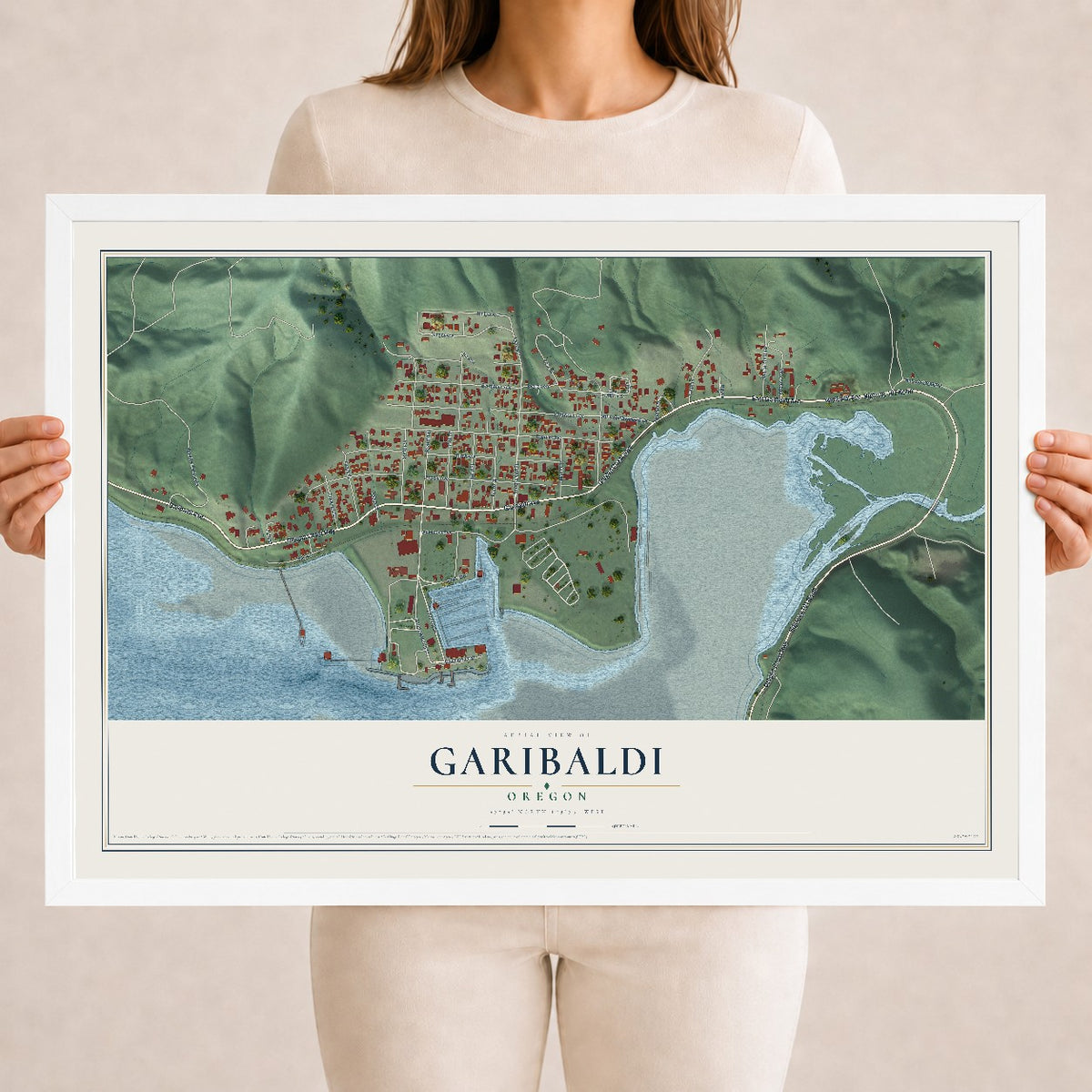 Map of Garibaldi, Oregon, 18 x 24 inch print in a white wood frame