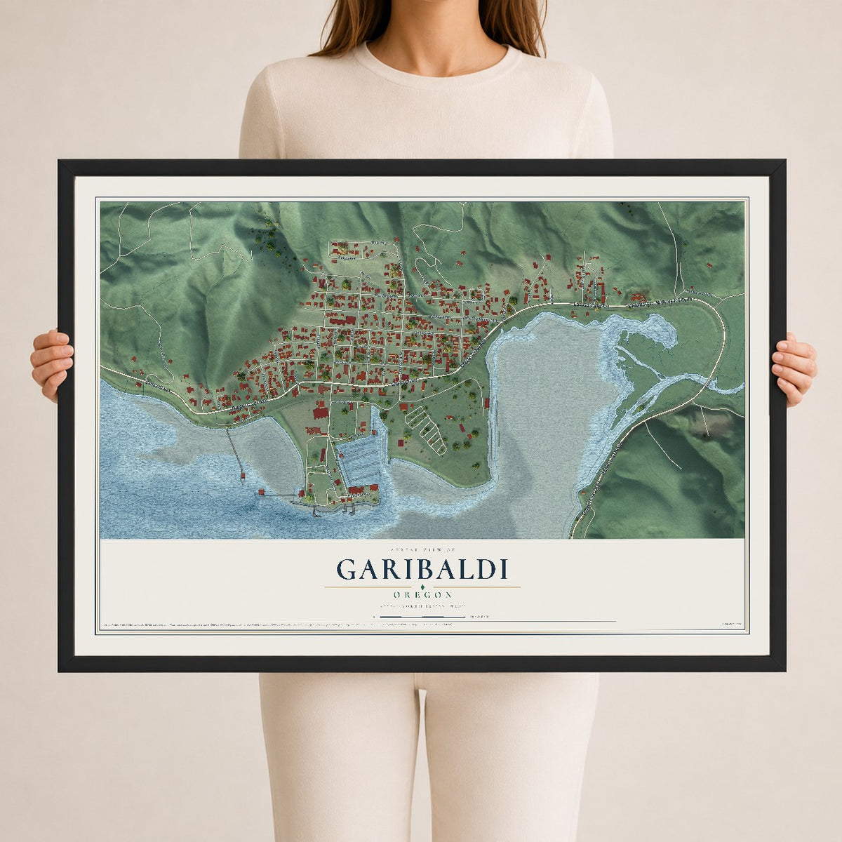 Map of Garibaldi, Oregon, 24 x 36 inch print in a black wood frame