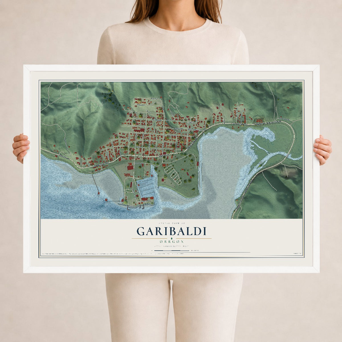 Map of Garibaldi, Oregon, 24 x 36 inch print in a white wood frame