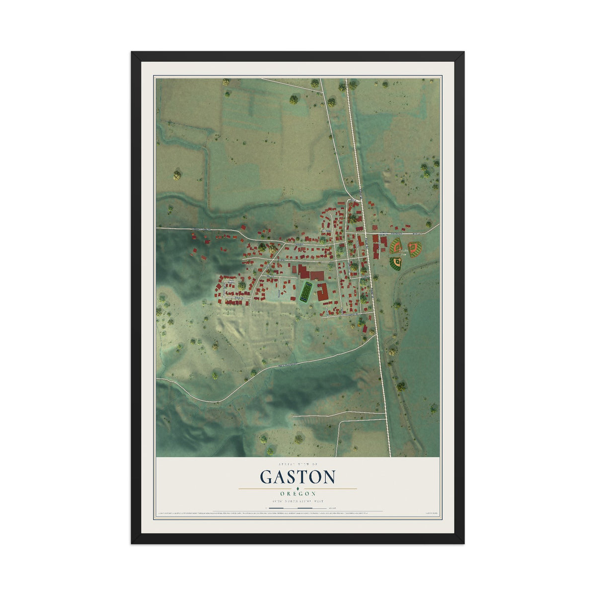 Map of Gaston, Oregon, 12 x 18 inch print in a black wood frame