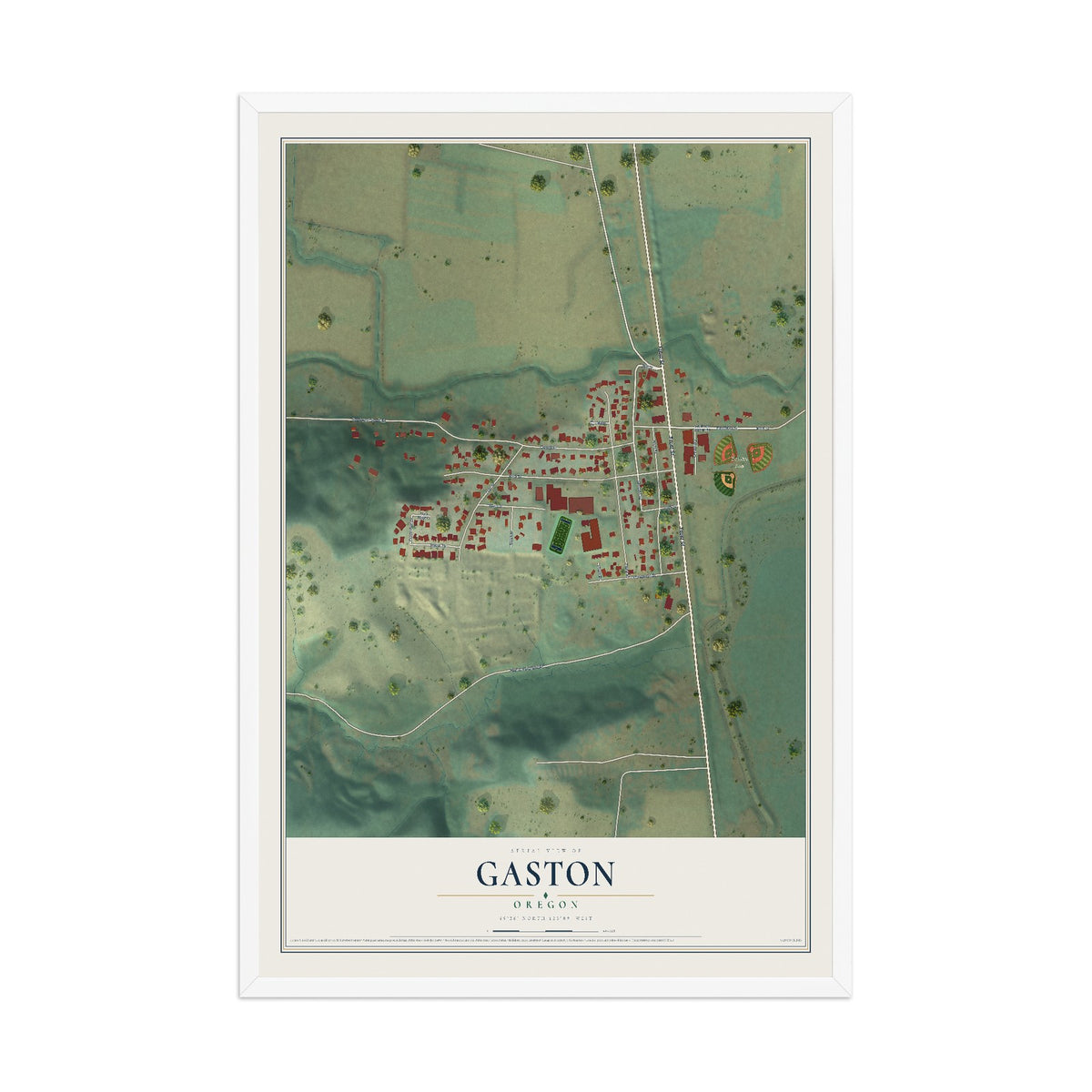 Map of Gaston, Oregon, 12 x 18 inch print in a white wood frame
