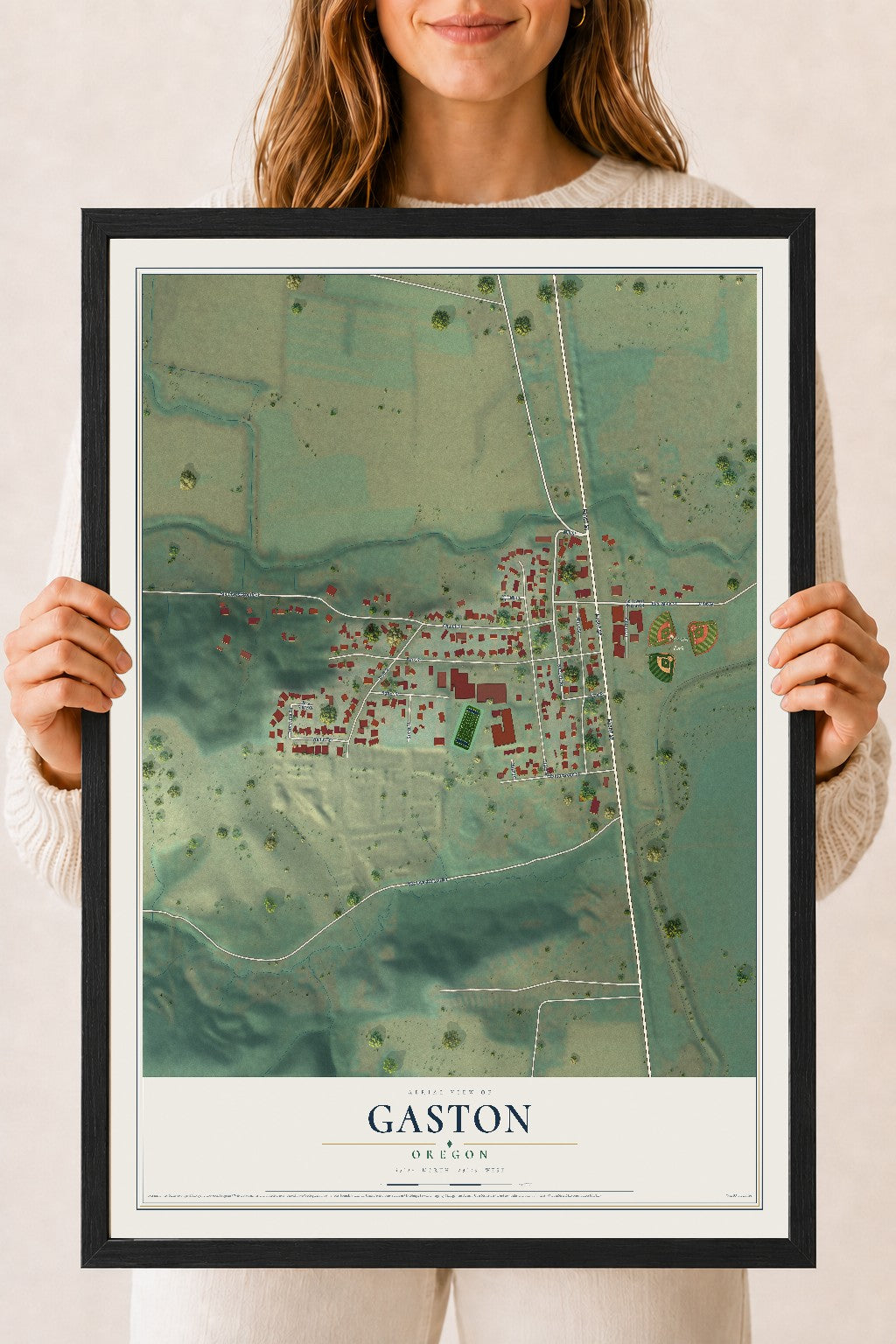 Map of Gaston, Oregon, 18 x 24 inch print in a black wood frame
