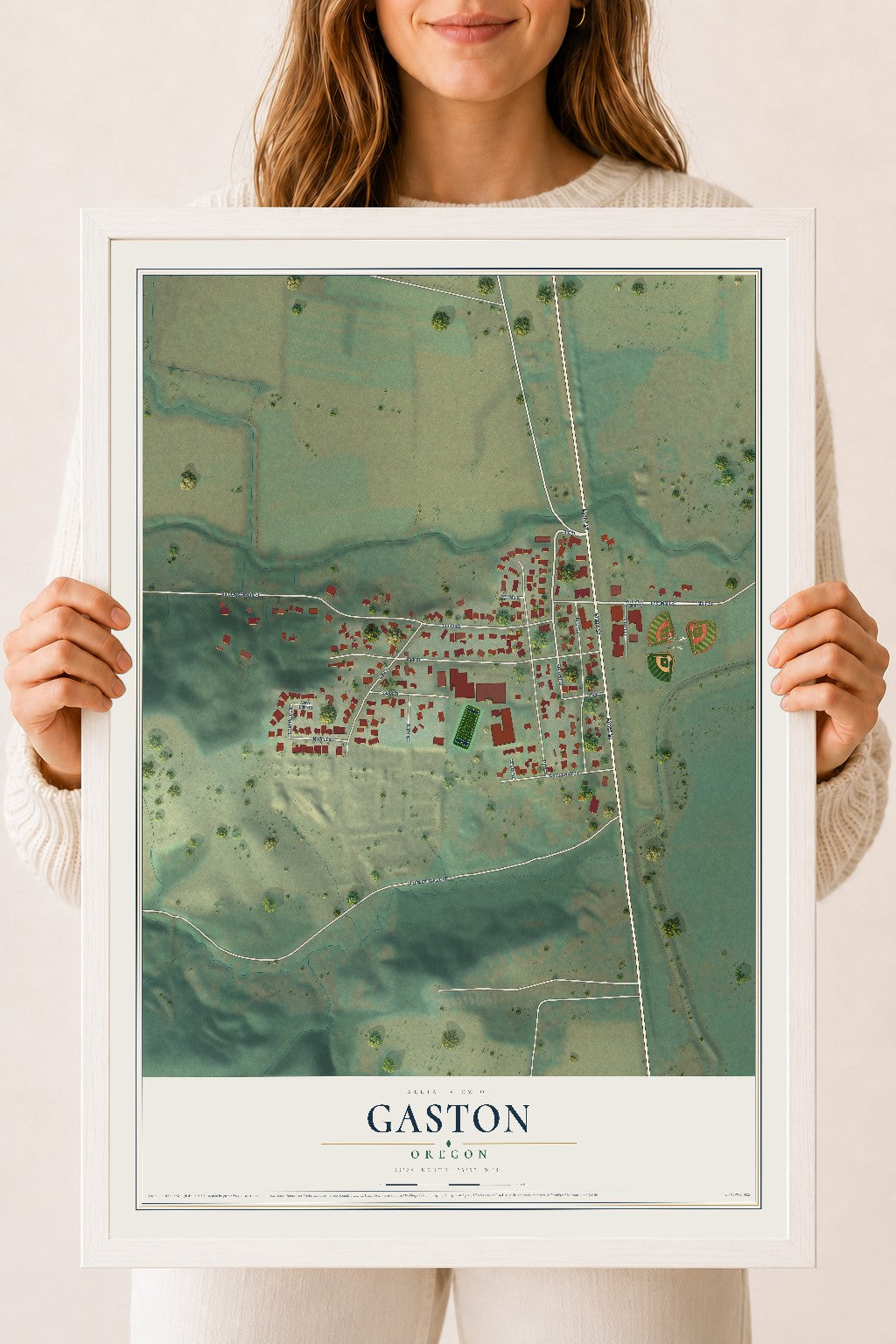 Map of Gaston, Oregon, 18 x 24 inch print in a white wood frame