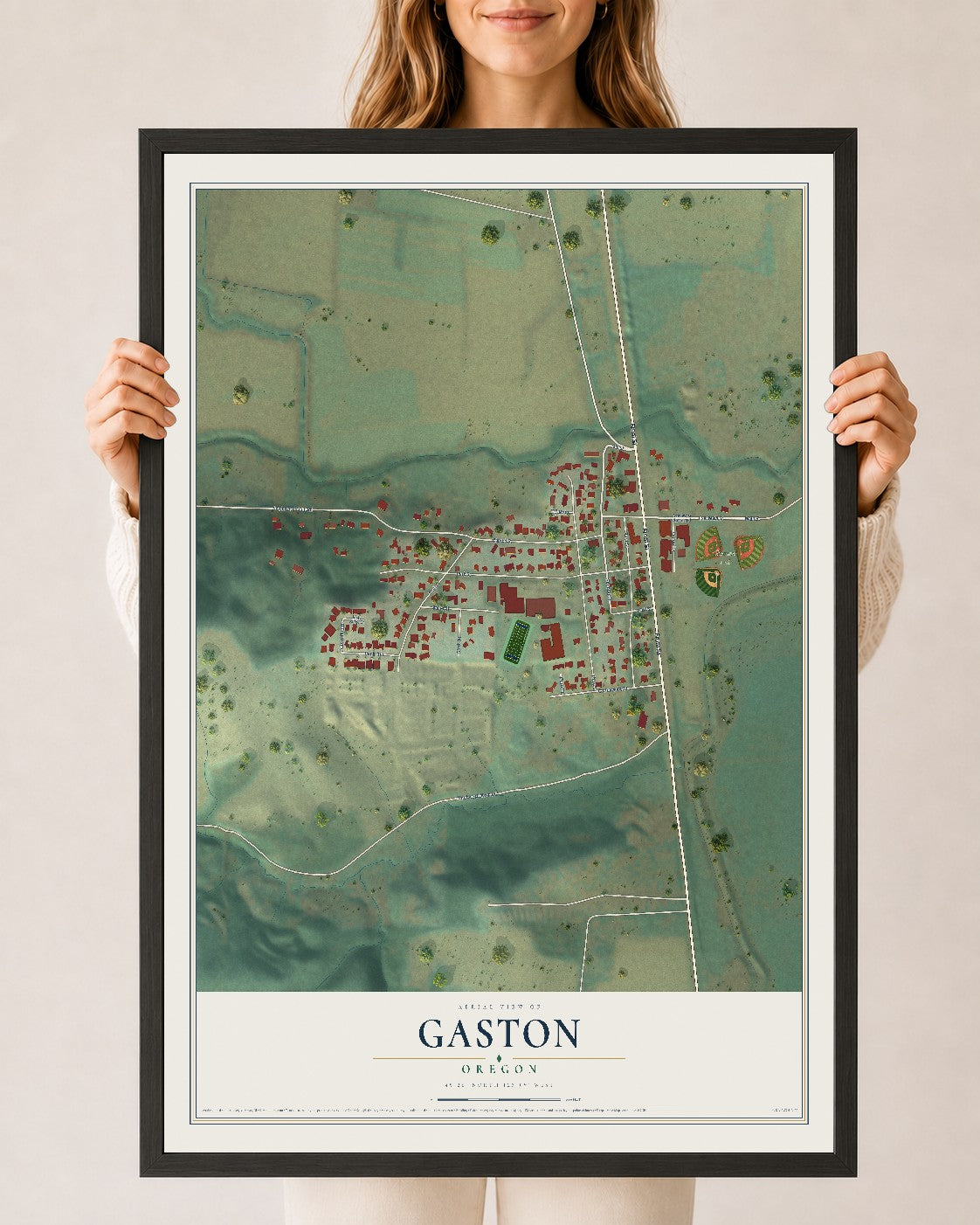 Map of Gaston, Oregon, 24 x 36 inch print in a black wood frame