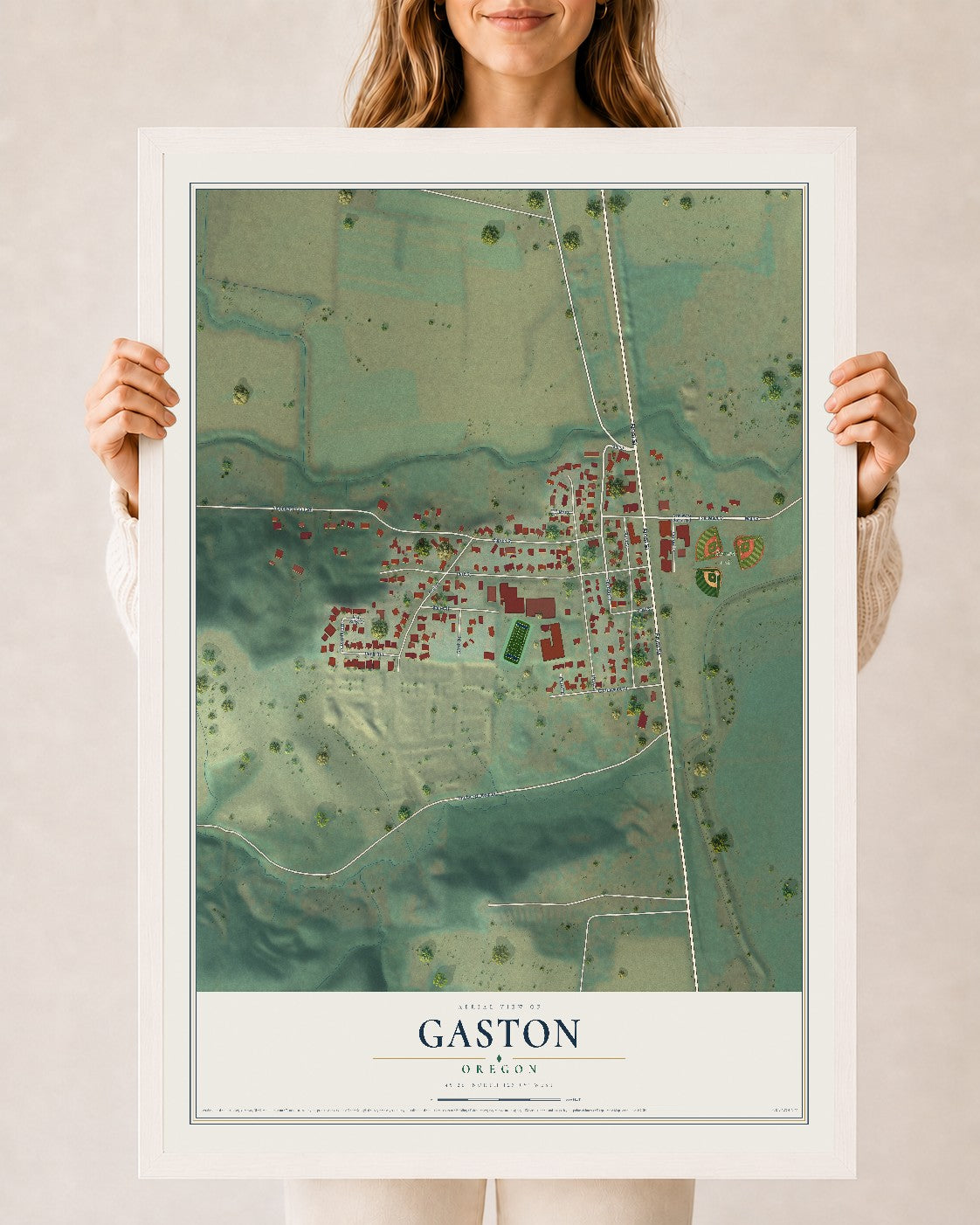 Map of Gaston, Oregon, 24 x 36 inch print in a white wood frame