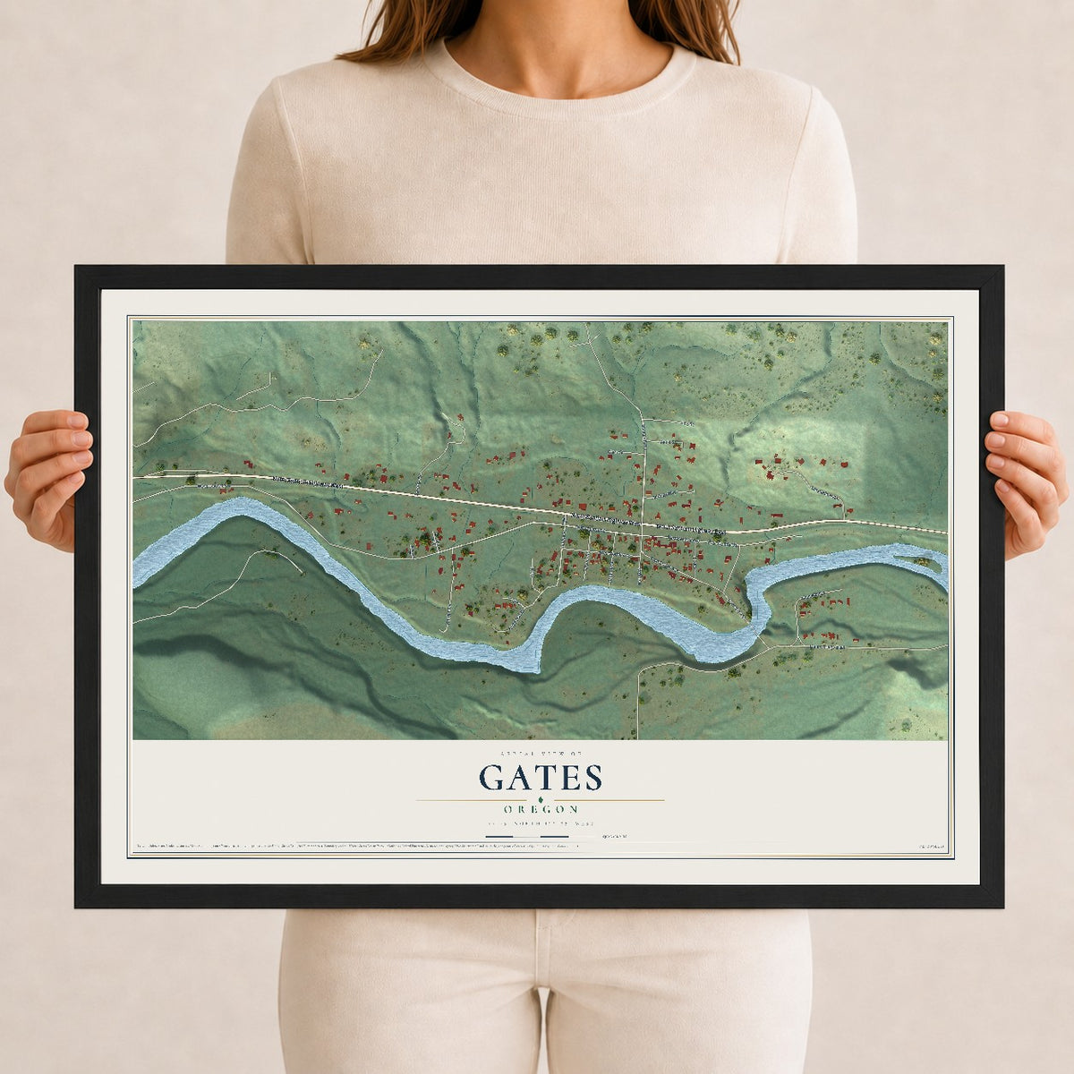 Map of Gates, Oregon, 12 x 18 inch print in a black wood frame