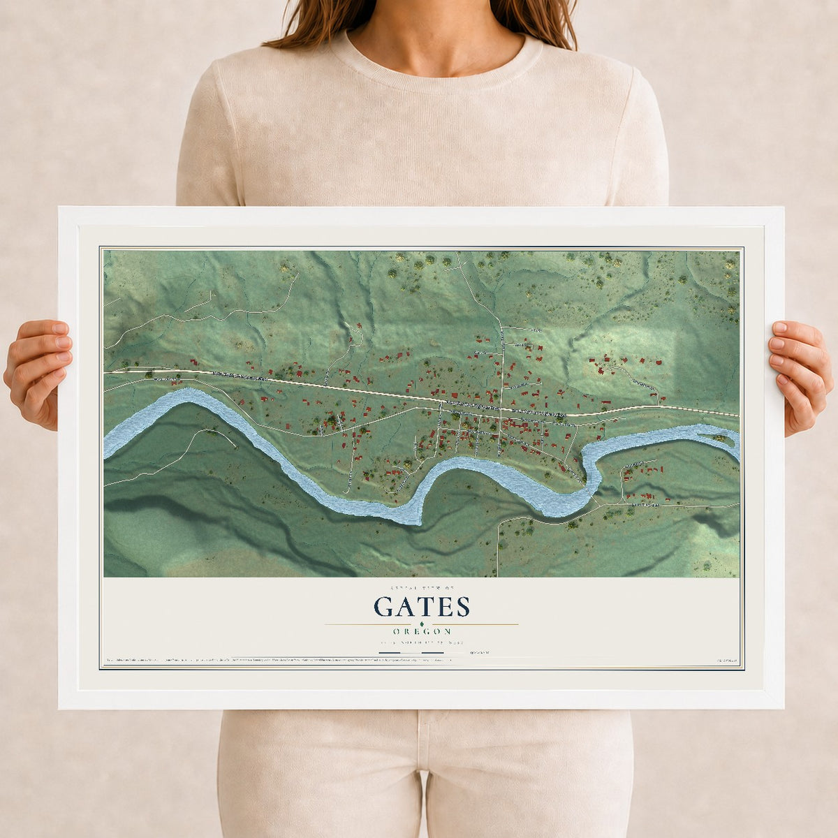 Map of Gates, Oregon, 12 x 18 inch print in a white wood frame