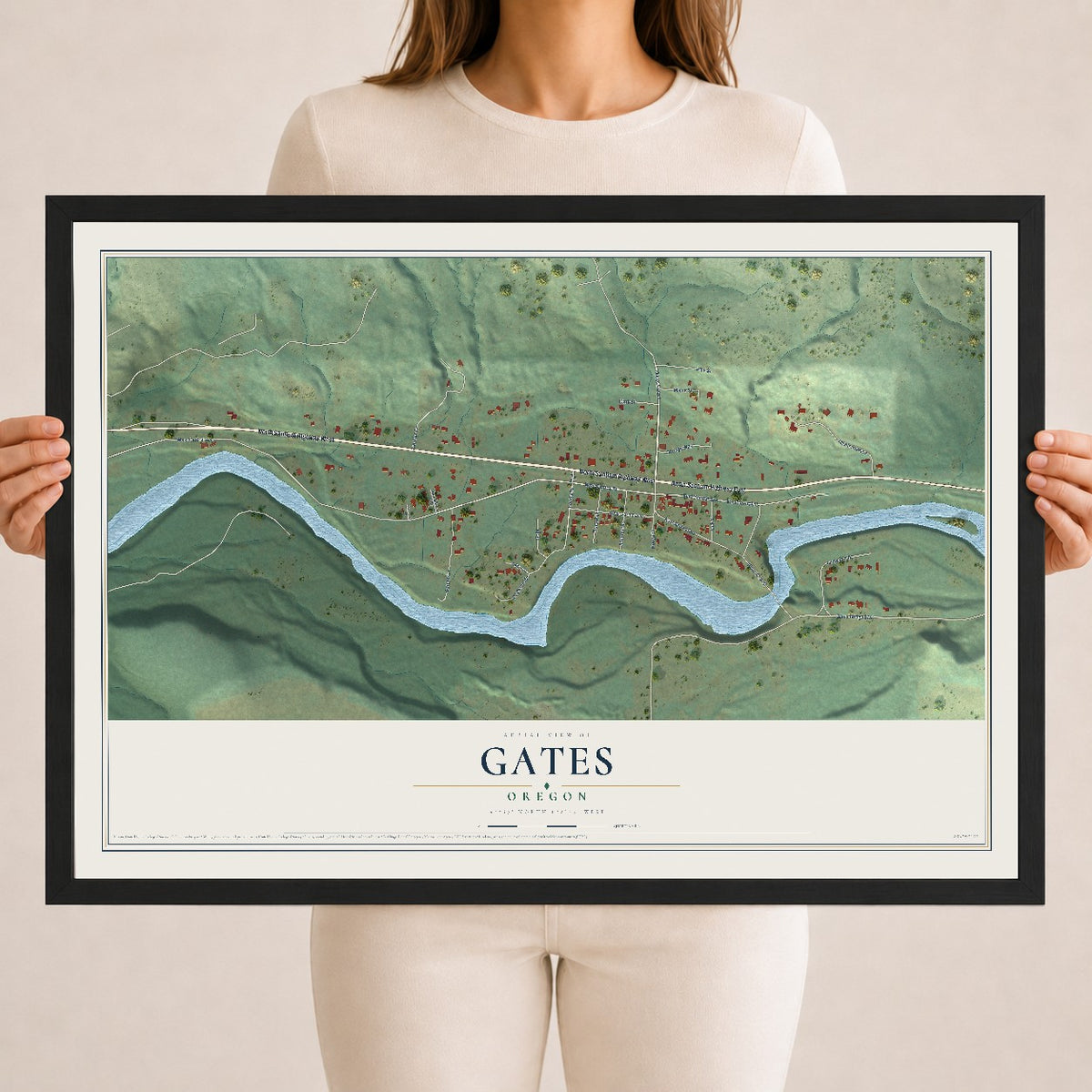 Map of Gates, Oregon, 18 x 24 inch print in a black wood frame