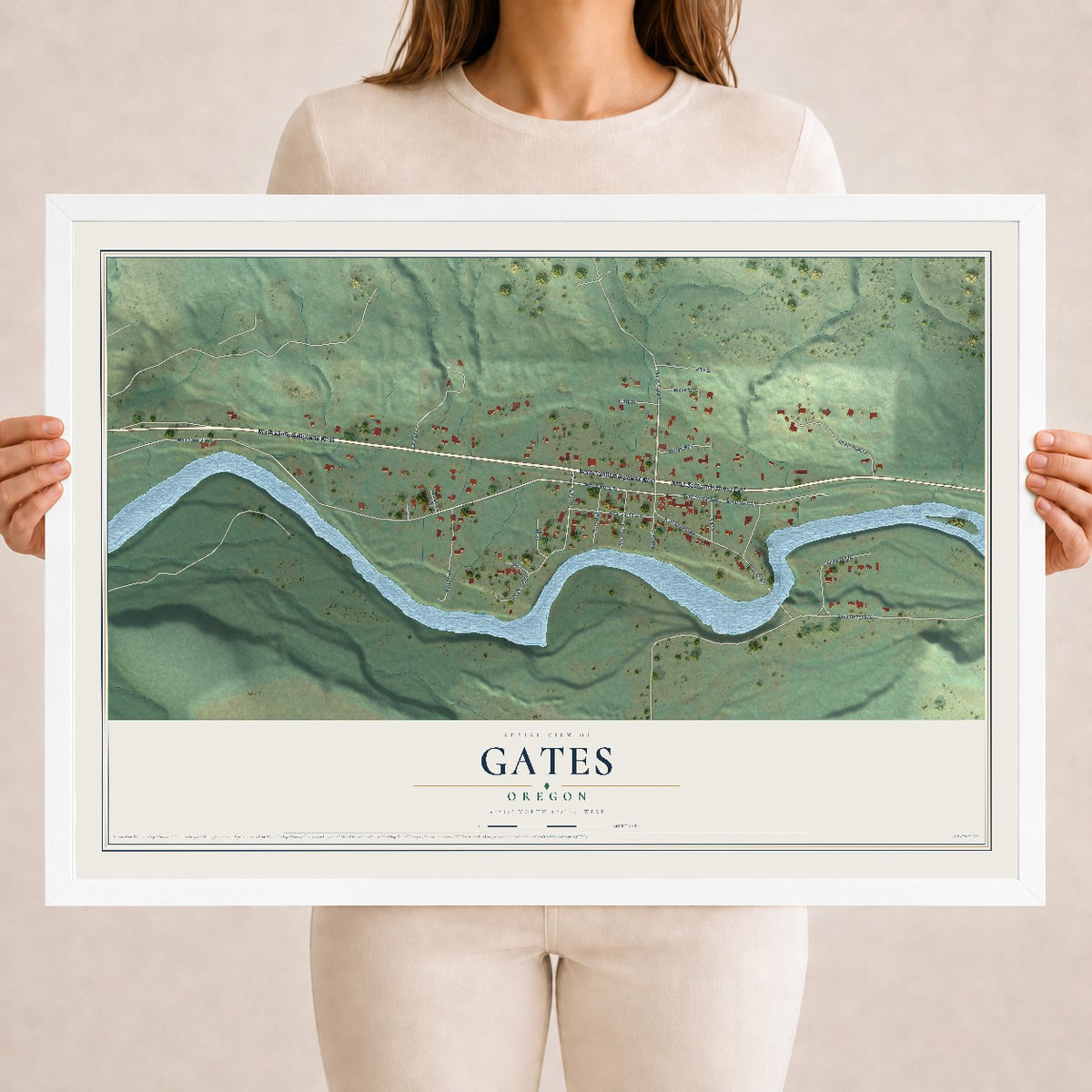 Map of Gates, Oregon, 18 x 24 inch print in a white wood frame