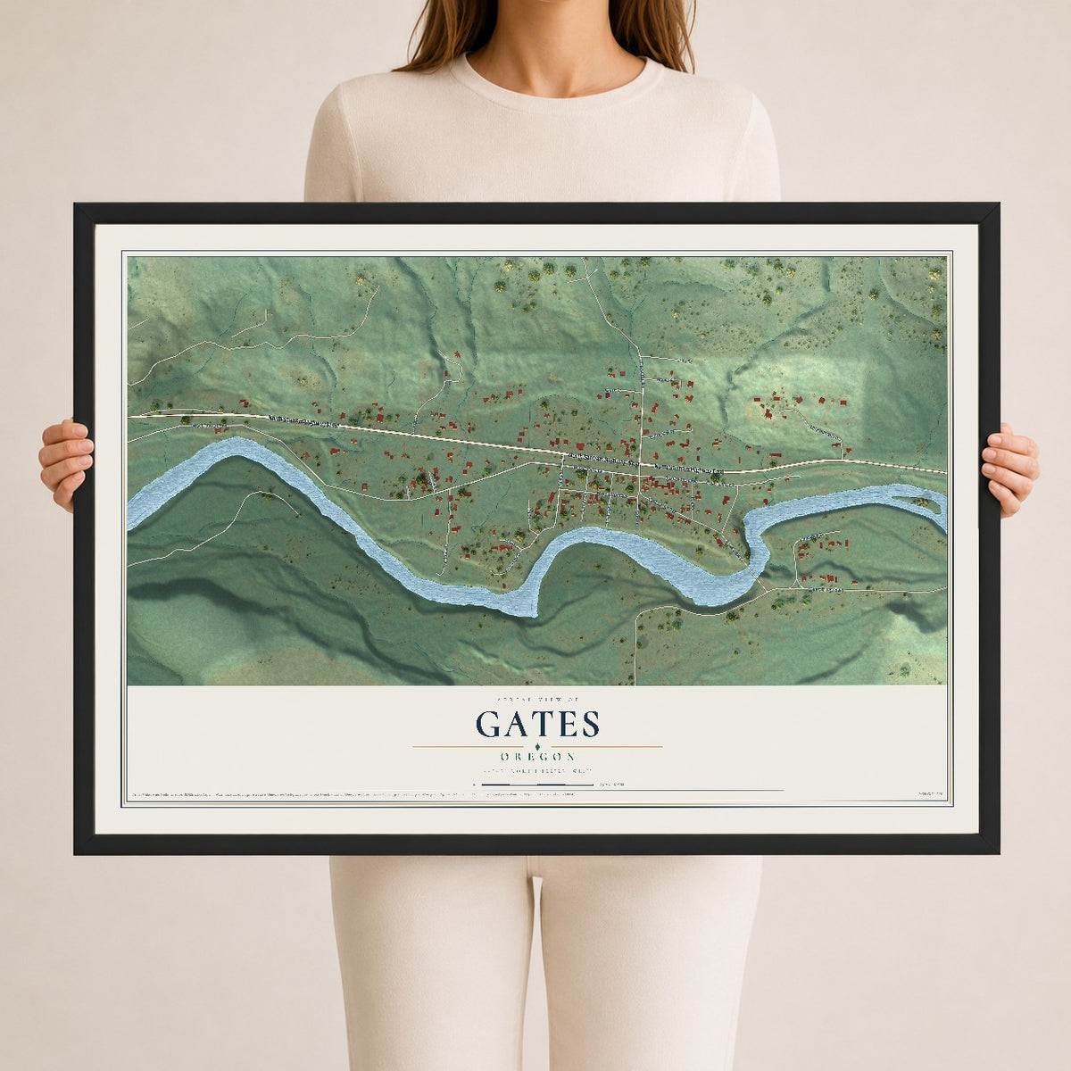 Map of Gates, Oregon, 24 x 36 inch print in a black wood frame