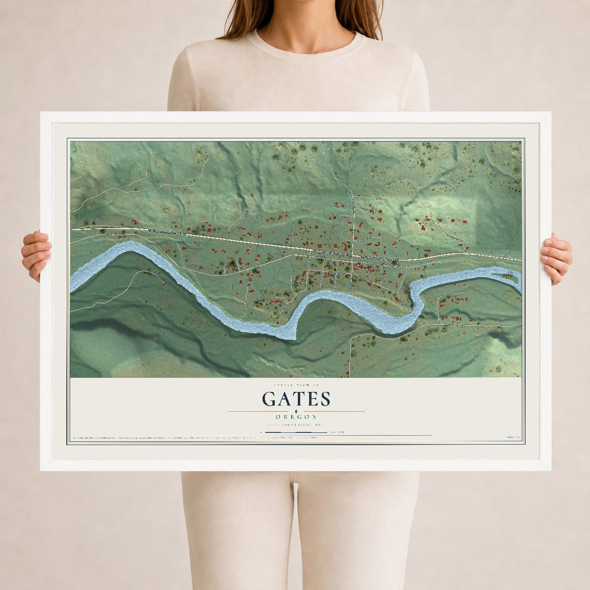 Map of Gates, Oregon, 24 x 36 inch print in a white wood frame