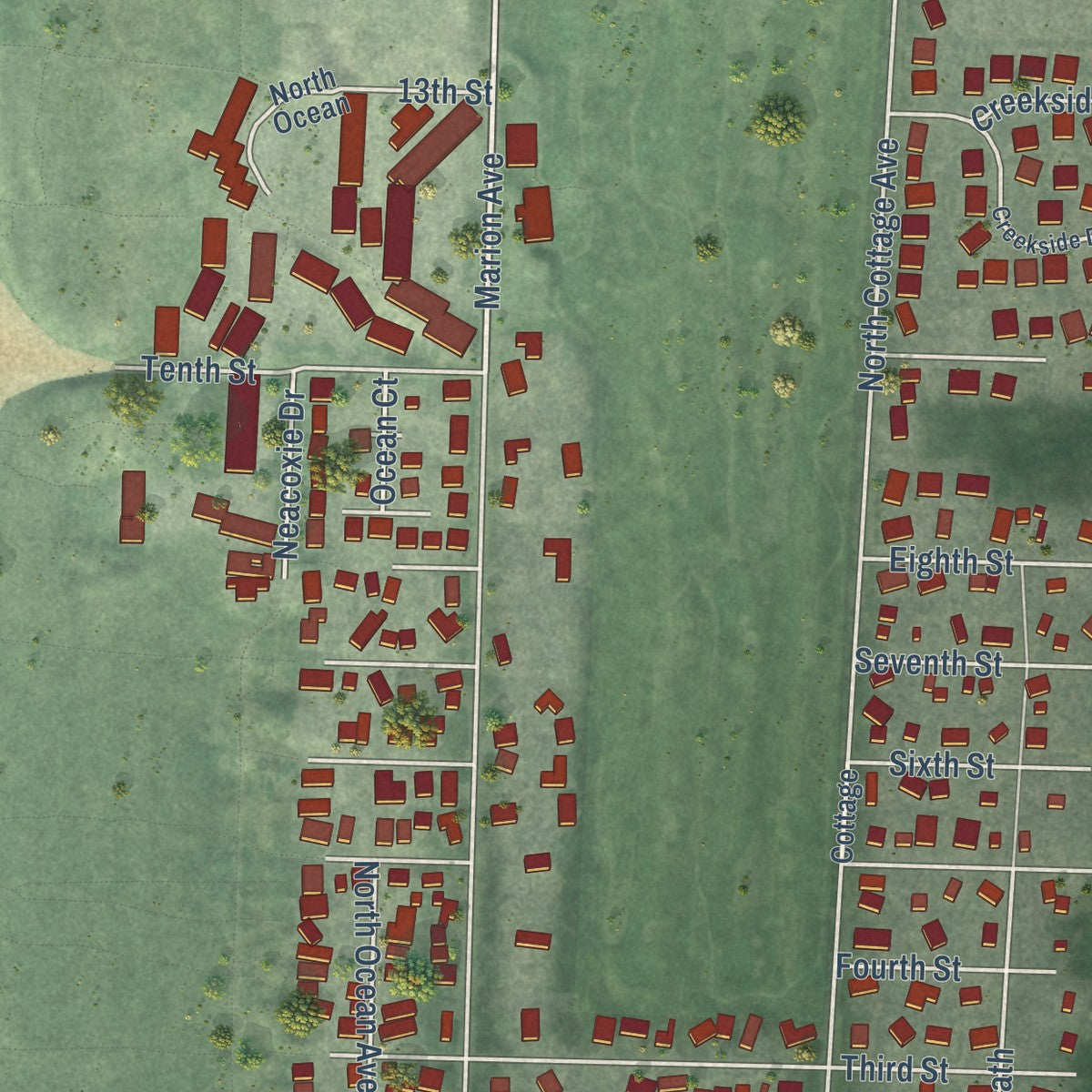 Second close-up of the map of Gearhart, Oregon print showing more streets and buildings