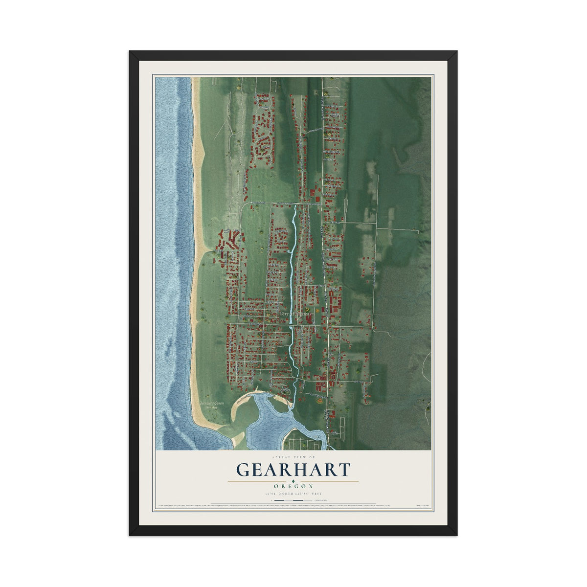 Map of Gearhart, Oregon, 12 x 18 inch print in a black wood frame