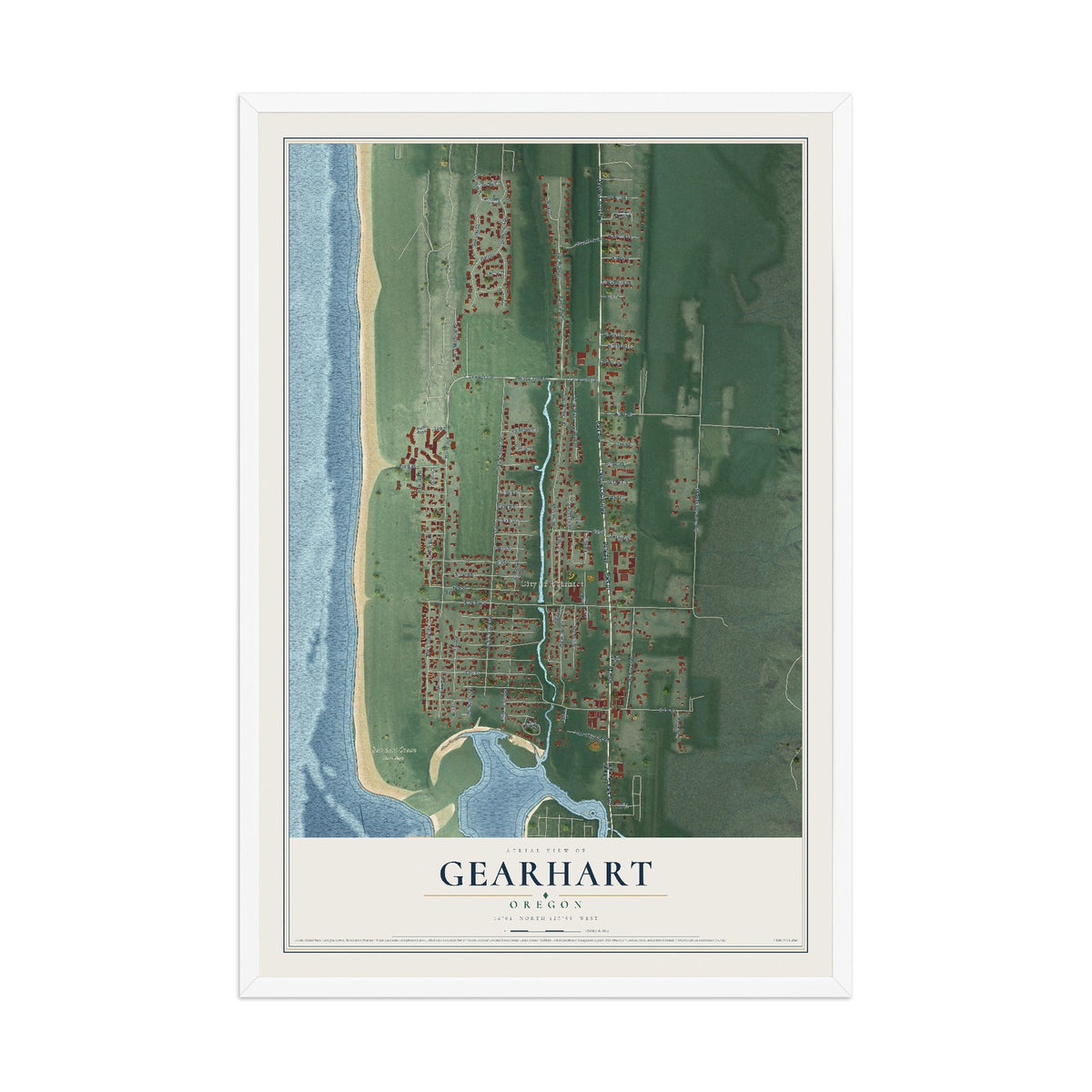 Map of Gearhart, Oregon, 12 x 18 inch print in a white wood frame