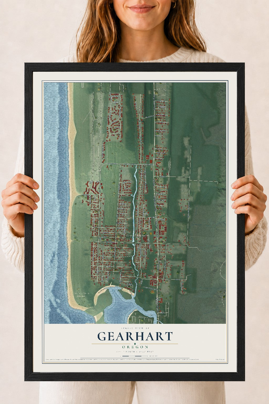 Map of Gearhart, Oregon, 18 x 24 inch print in a black wood frame