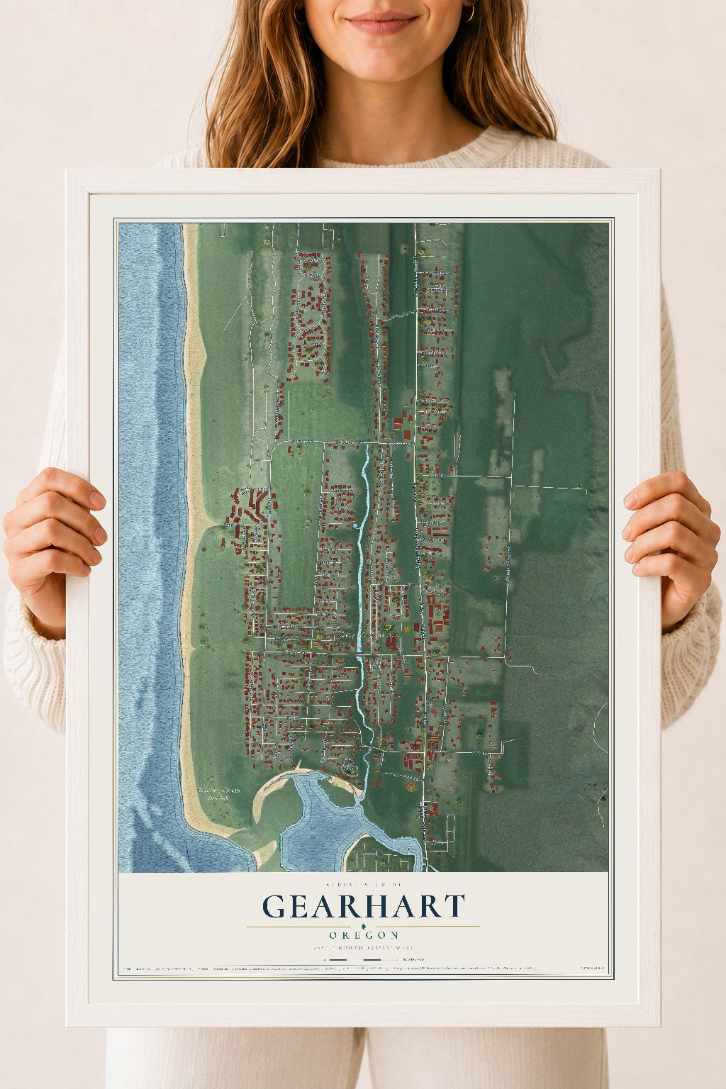 Map of Gearhart, Oregon, 18 x 24 inch print in a white wood frame