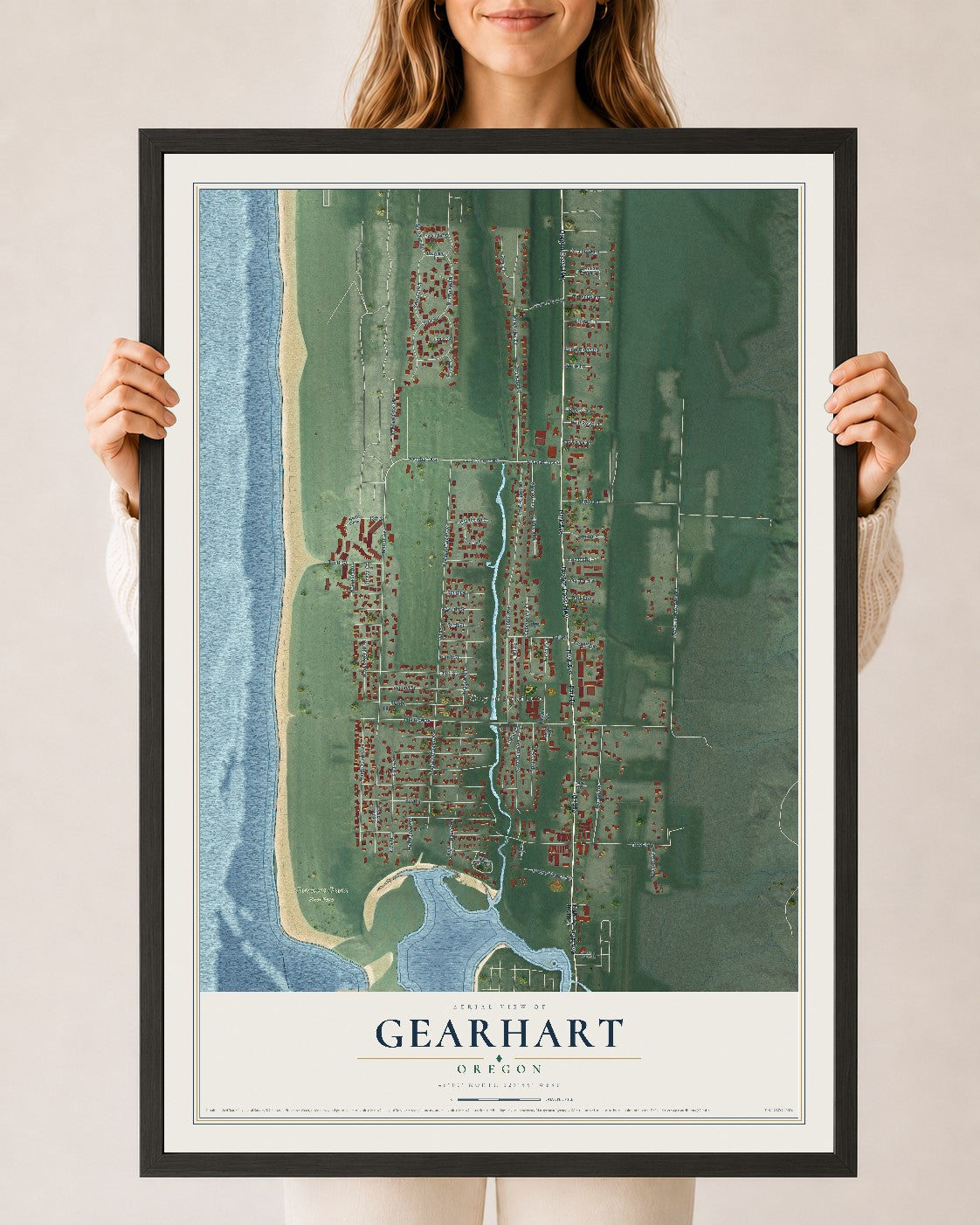 Map of Gearhart, Oregon, 24 x 36 inch print in a black wood frame