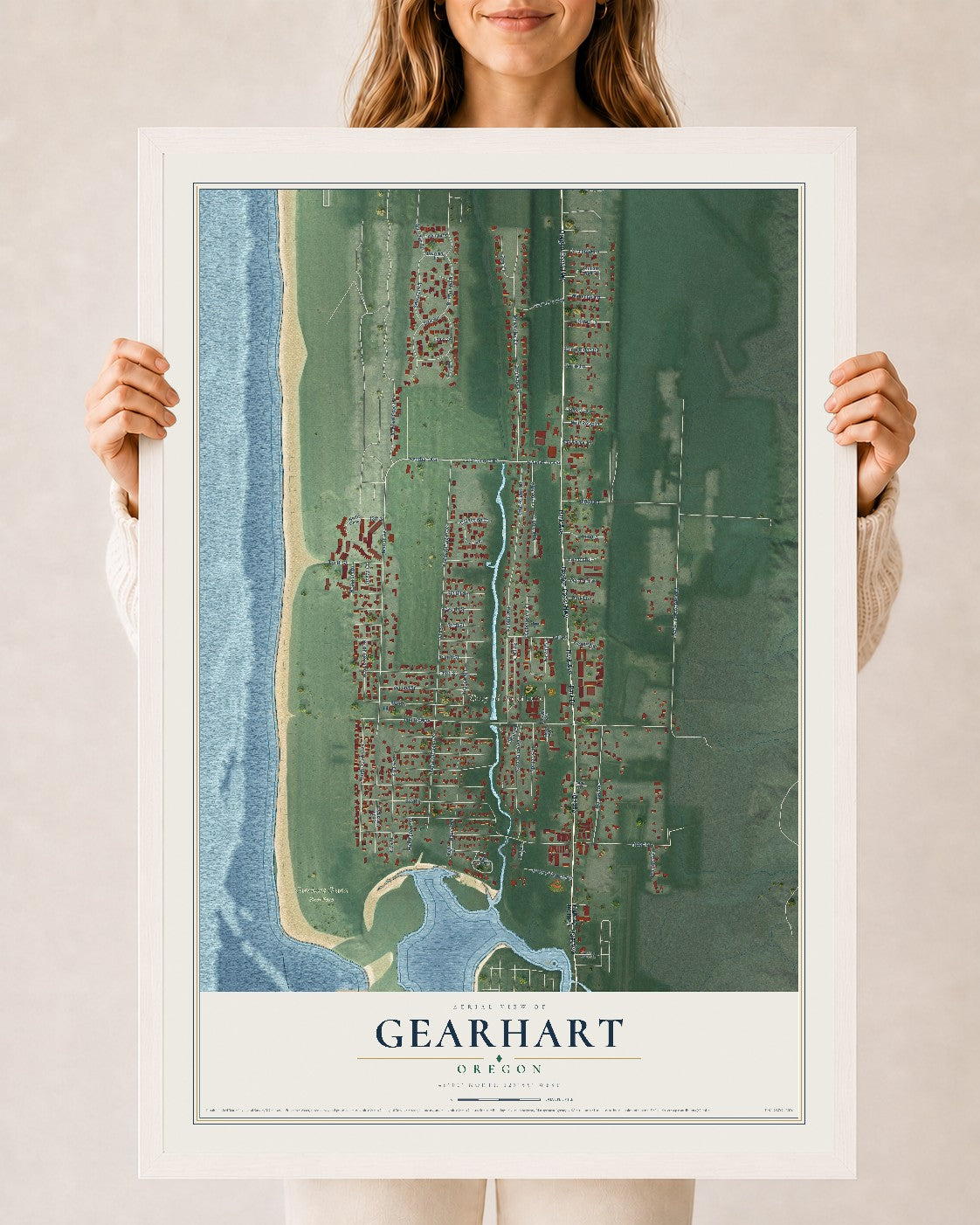 Map of Gearhart, Oregon, 24 x 36 inch print in a white wood frame