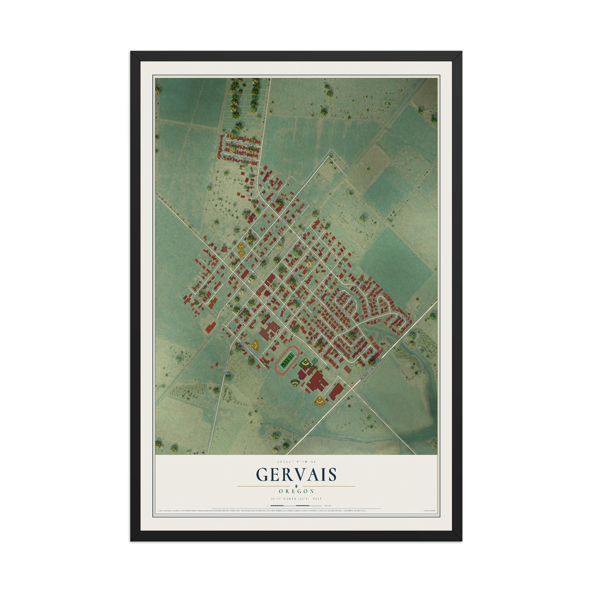 Map of Gervais, Oregon, 12 x 18 inch print in a black wood frame
