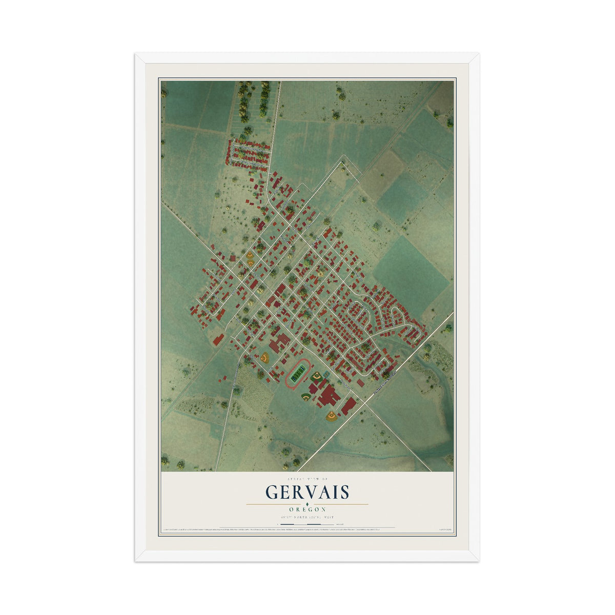 Map of Gervais, Oregon, 12 x 18 inch print in a white wood frame