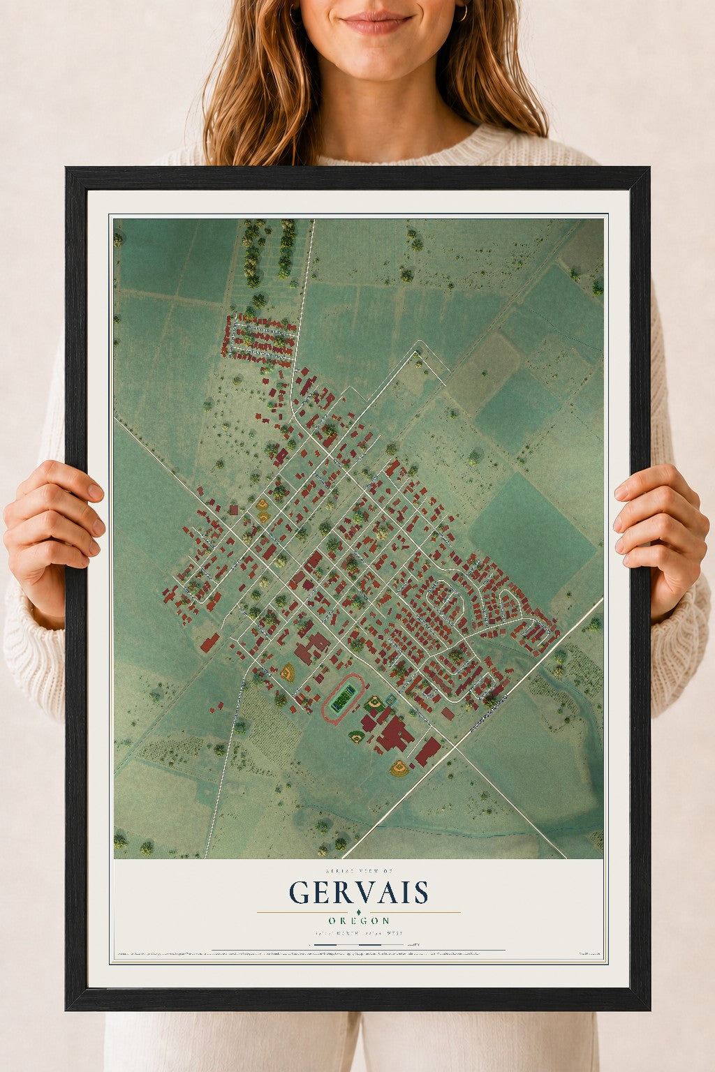 Map of Gervais, Oregon, 18 x 24 inch print in a black wood frame