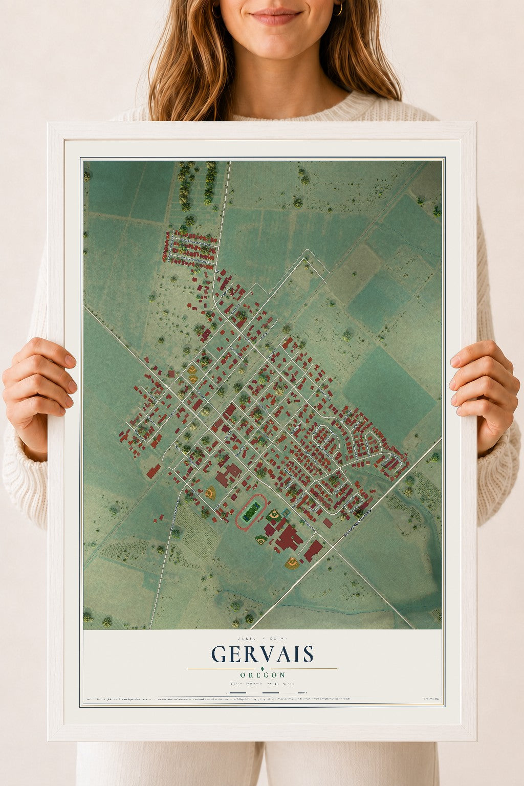 Map of Gervais, Oregon, 18 x 24 inch print in a white wood frame