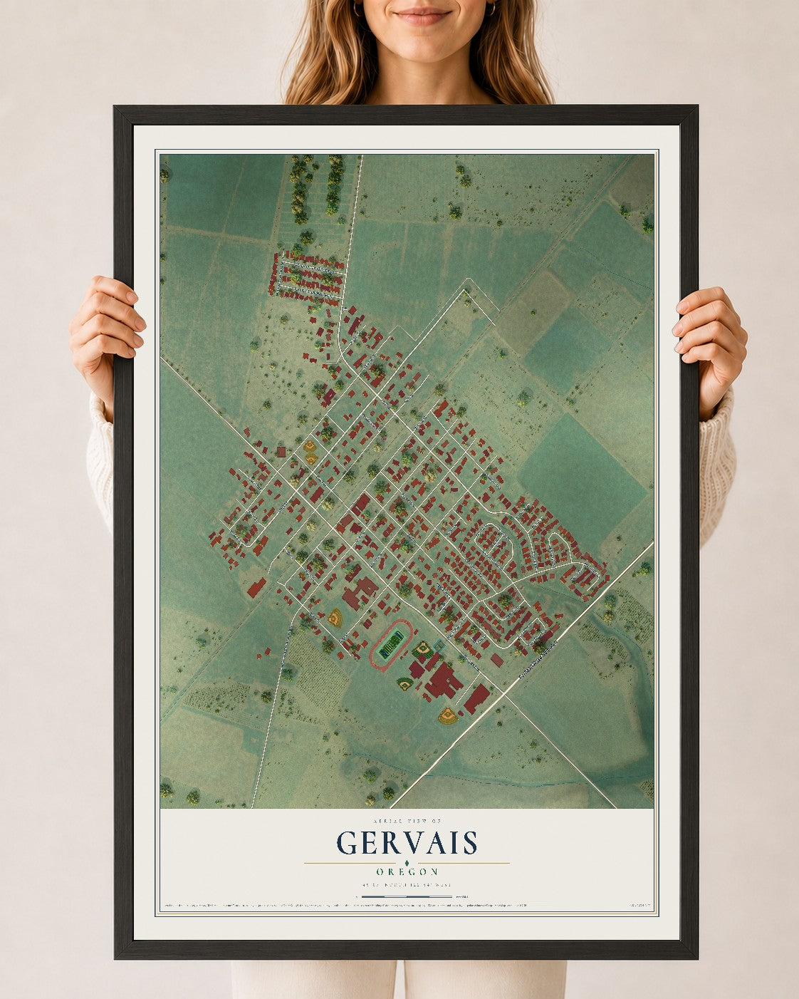 Map of Gervais, Oregon, 24 x 36 inch print in a black wood frame