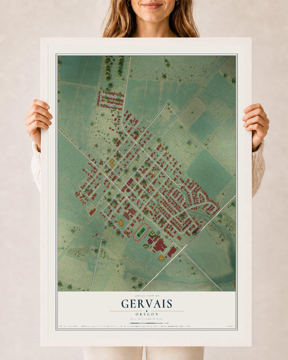 Map of Gervais, Oregon, 24 x 36 inch print in a white wood frame