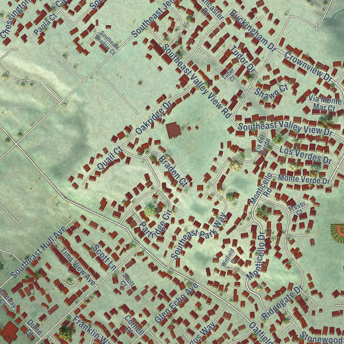 Close-up of the map of Gladstone, Oregon print showing street and building detail