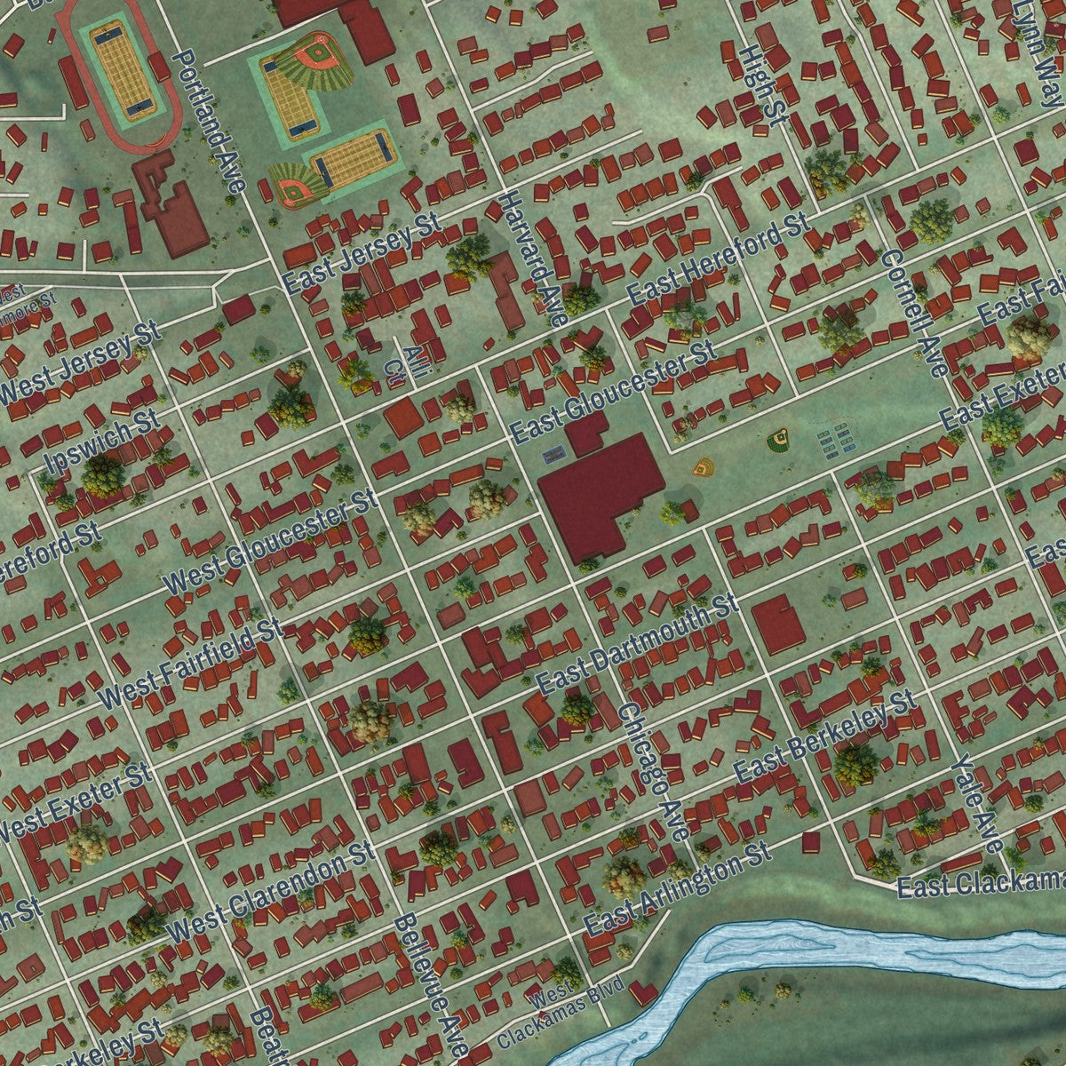 Second close-up of the map of Gladstone, Oregon print showing more streets and buildings