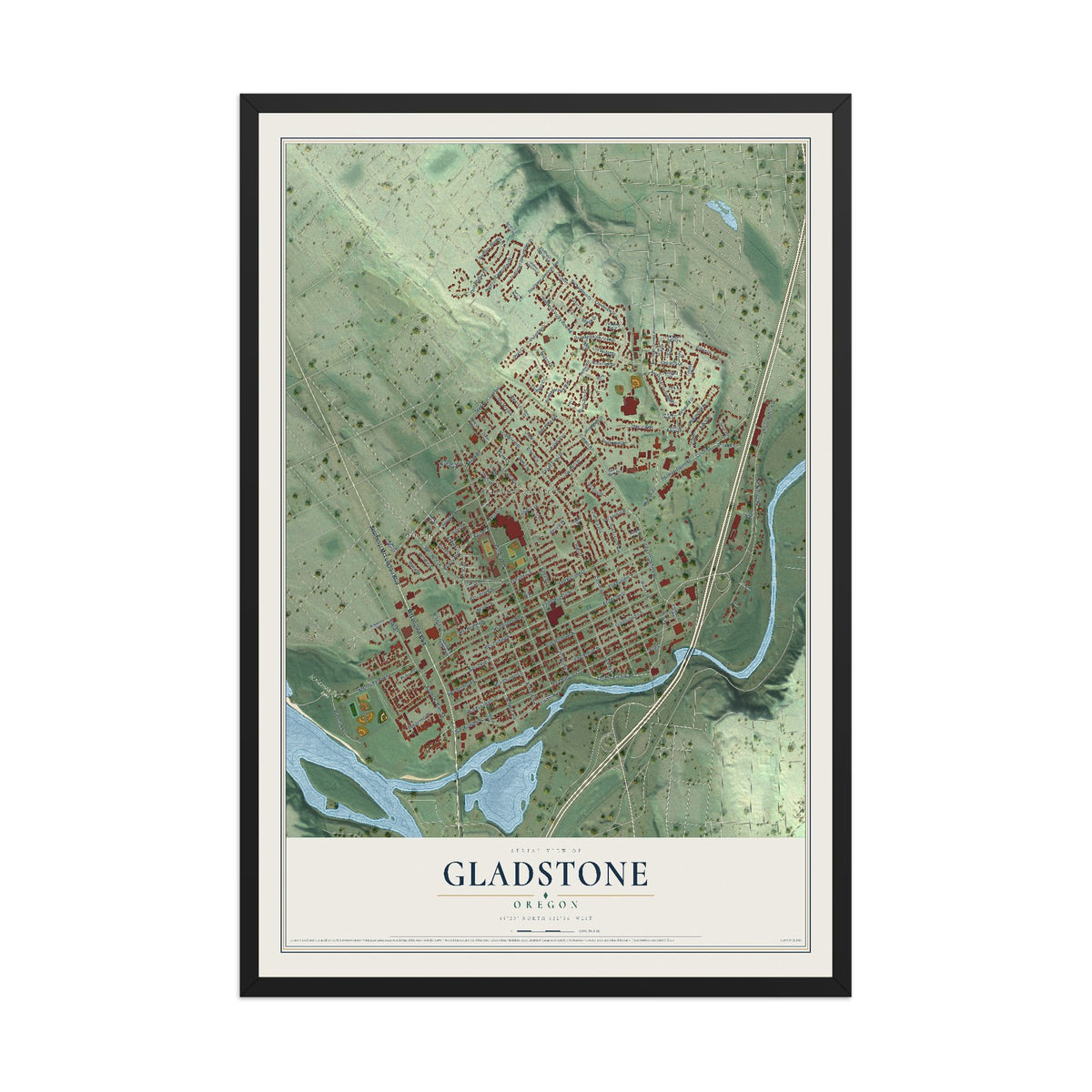 Map of Gladstone, Oregon, 12 x 18 inch print in a black wood frame