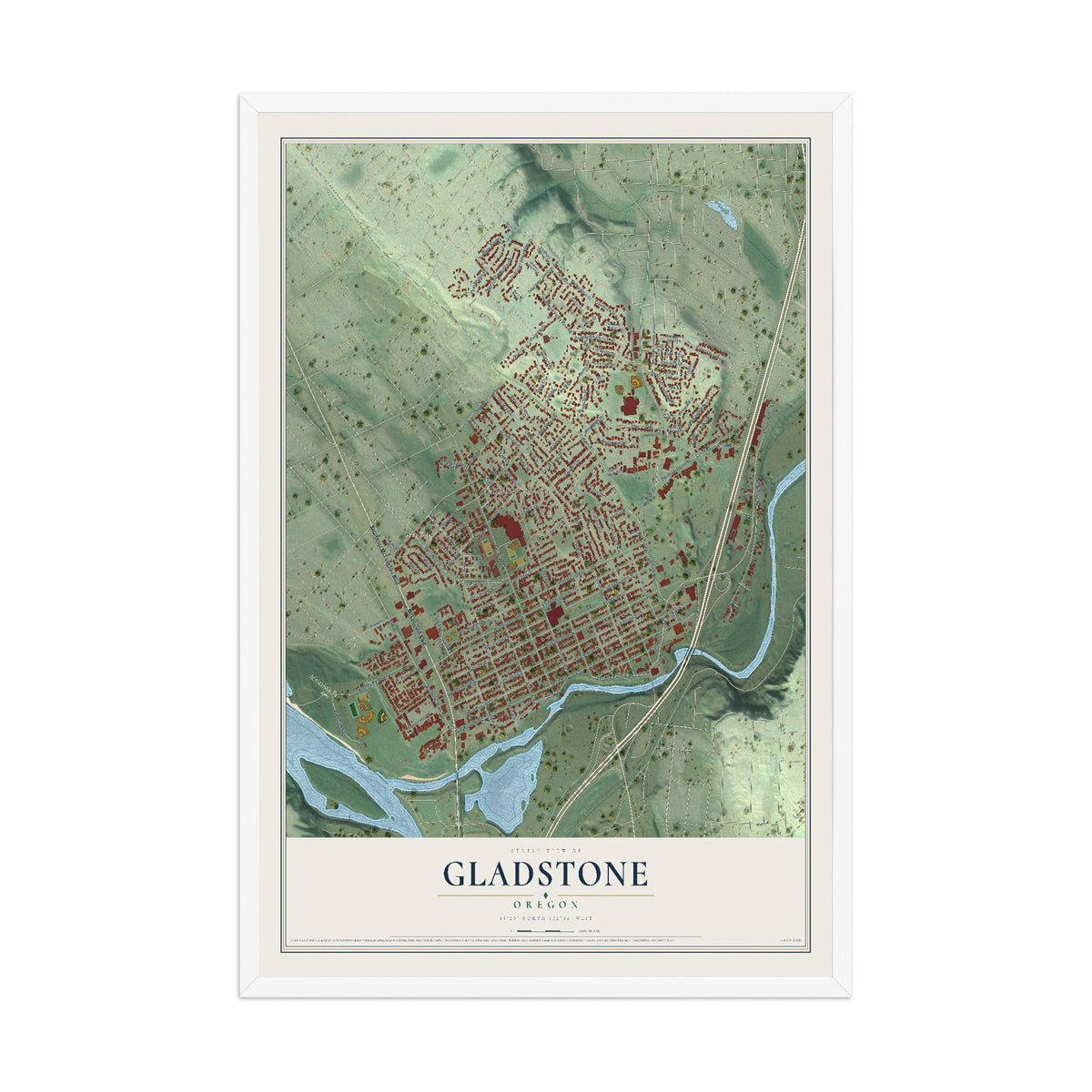 Map of Gladstone, Oregon, 12 x 18 inch print in a white wood frame
