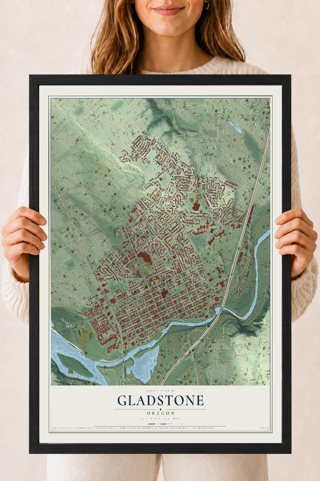 Map of Gladstone, Oregon, 18 x 24 inch print in a black wood frame