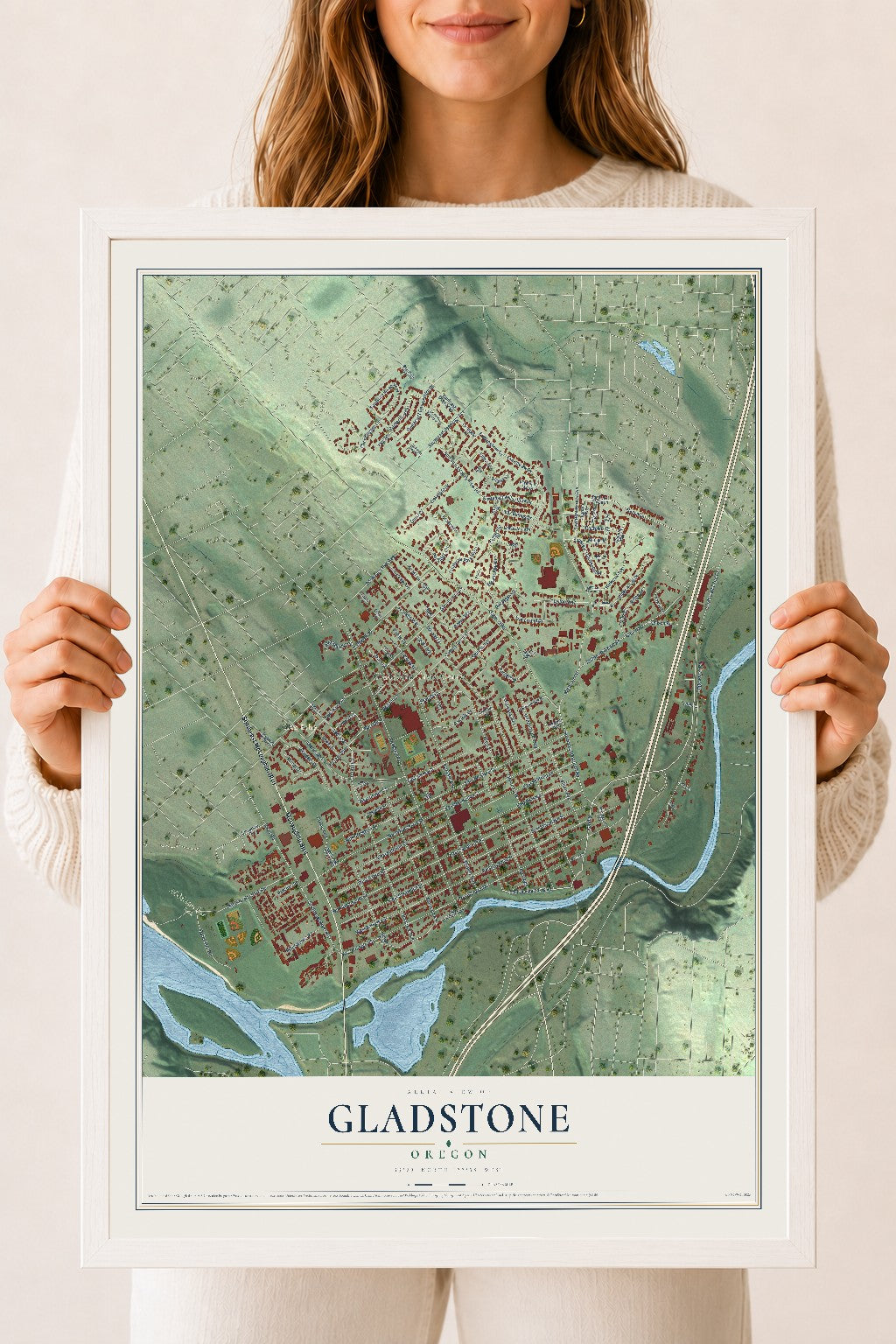 Map of Gladstone, Oregon, 18 x 24 inch print in a white wood frame