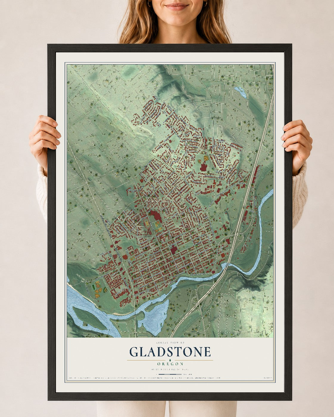 Map of Gladstone, Oregon, 24 x 36 inch print in a black wood frame