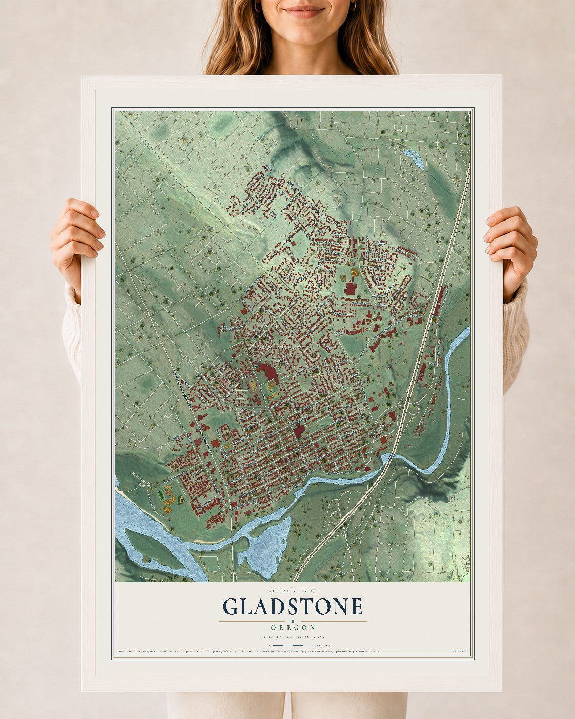 Map of Gladstone, Oregon, 24 x 36 inch print in a white wood frame