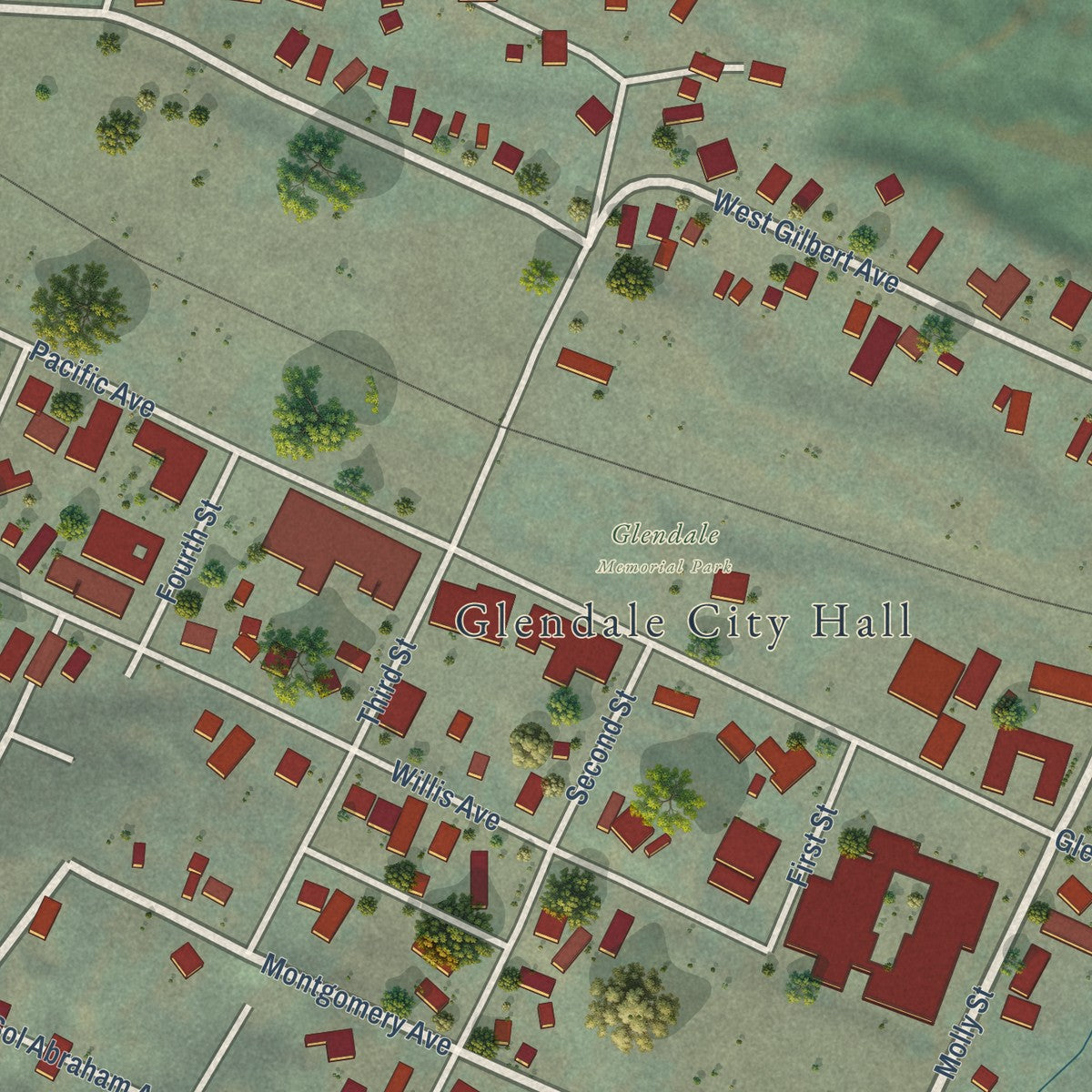 Close-up of the map of Glendale, Oregon print showing street and building detail