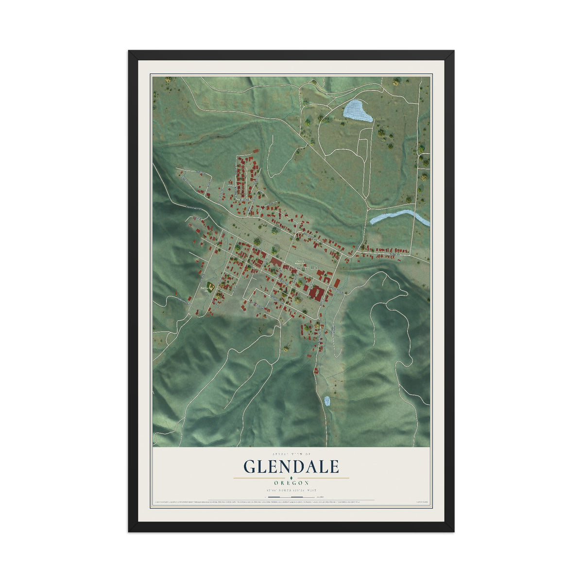 Map of Glendale, Oregon, 12 x 18 inch print in a black wood frame