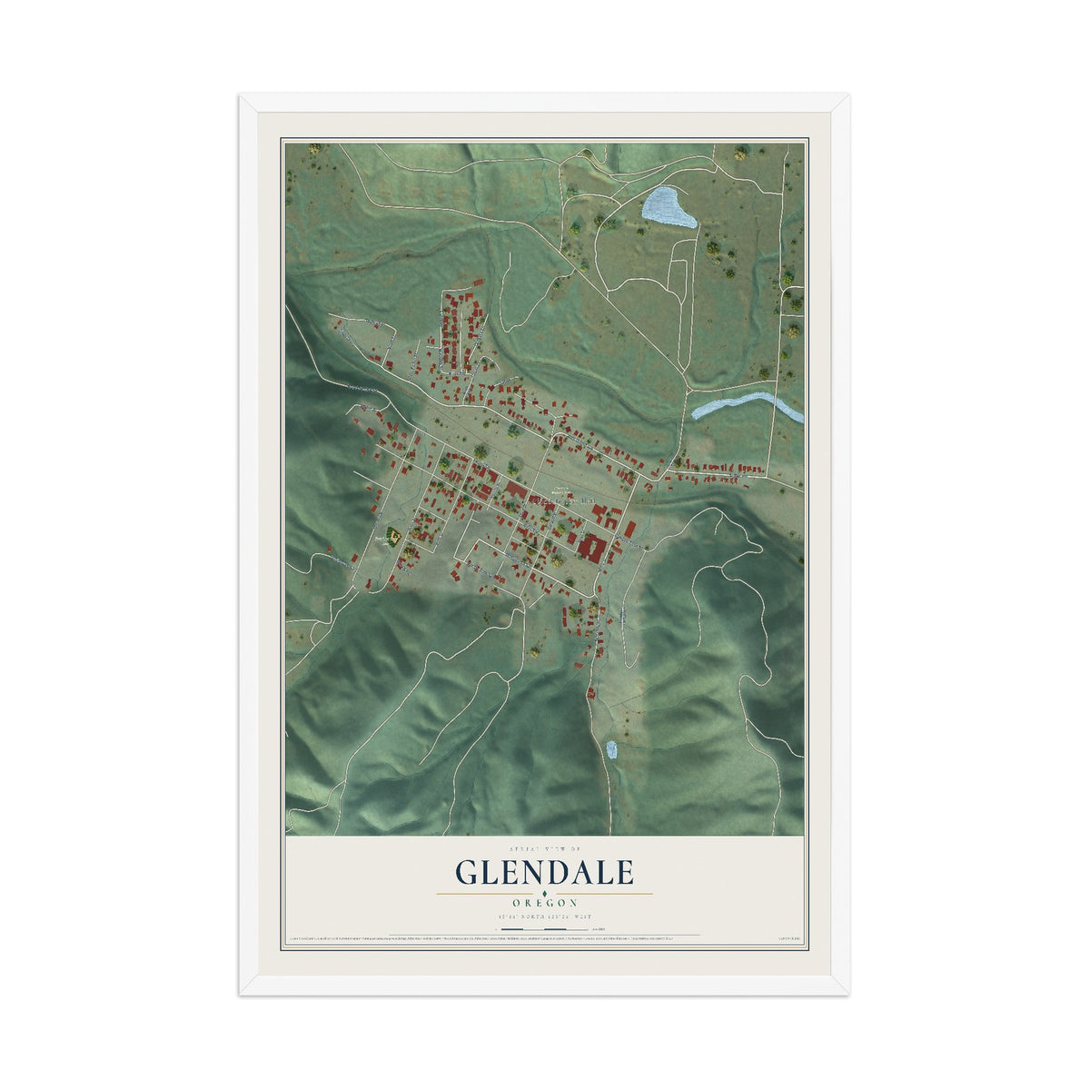 Map of Glendale, Oregon, 12 x 18 inch print in a white wood frame