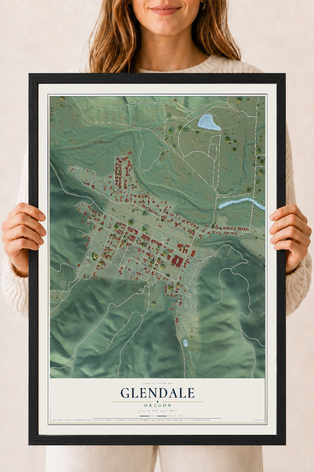 Map of Glendale, Oregon, 18 x 24 inch print in a black wood frame