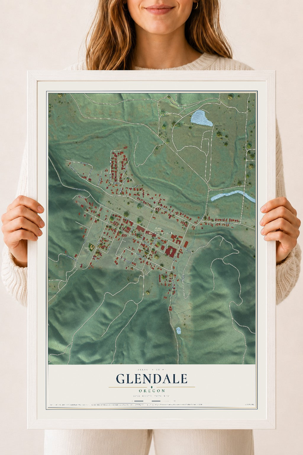 Map of Glendale, Oregon, 18 x 24 inch print in a white wood frame
