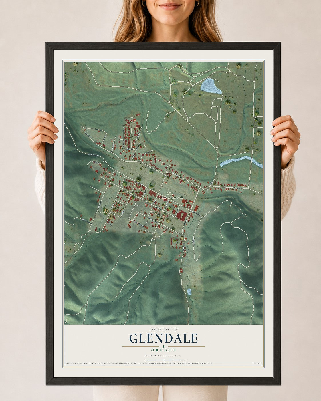 Map of Glendale, Oregon, 24 x 36 inch print in a black wood frame