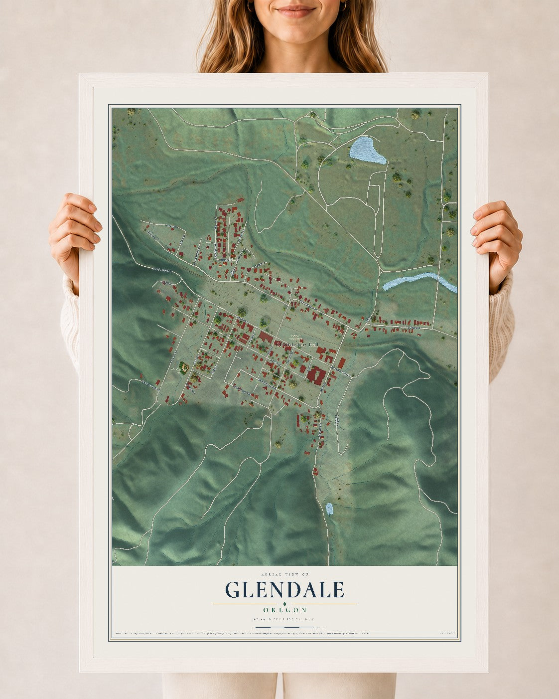 Map of Glendale, Oregon, 24 x 36 inch print in a white wood frame