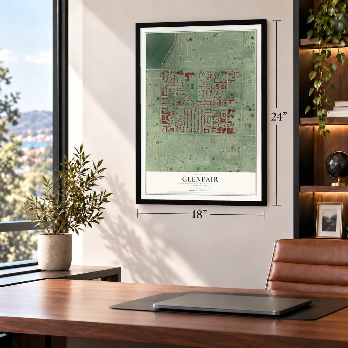 Glenfair, Oregon map, 18 x 24 inch print in a black frame in a home office