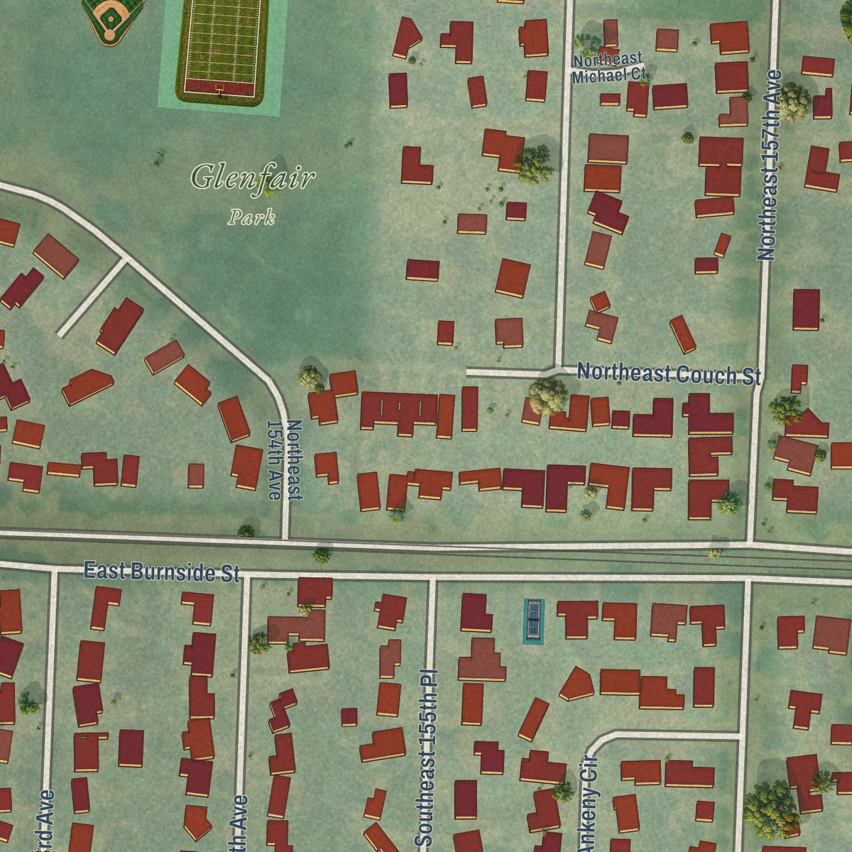 Close-up of the map of Glenfair, Oregon print showing street and building detail